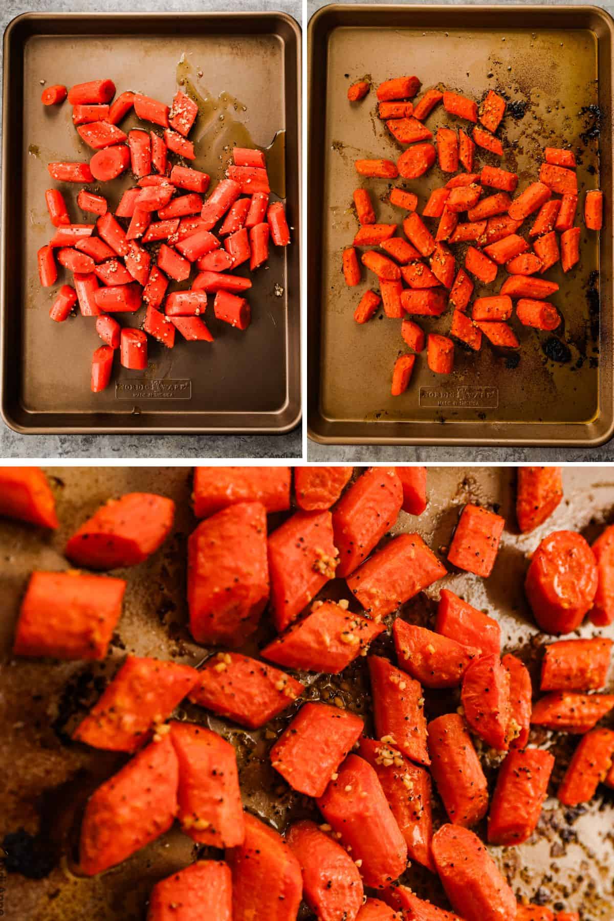 Carrots mixed with minced garlic on a baking sheet are then roasted until tender.