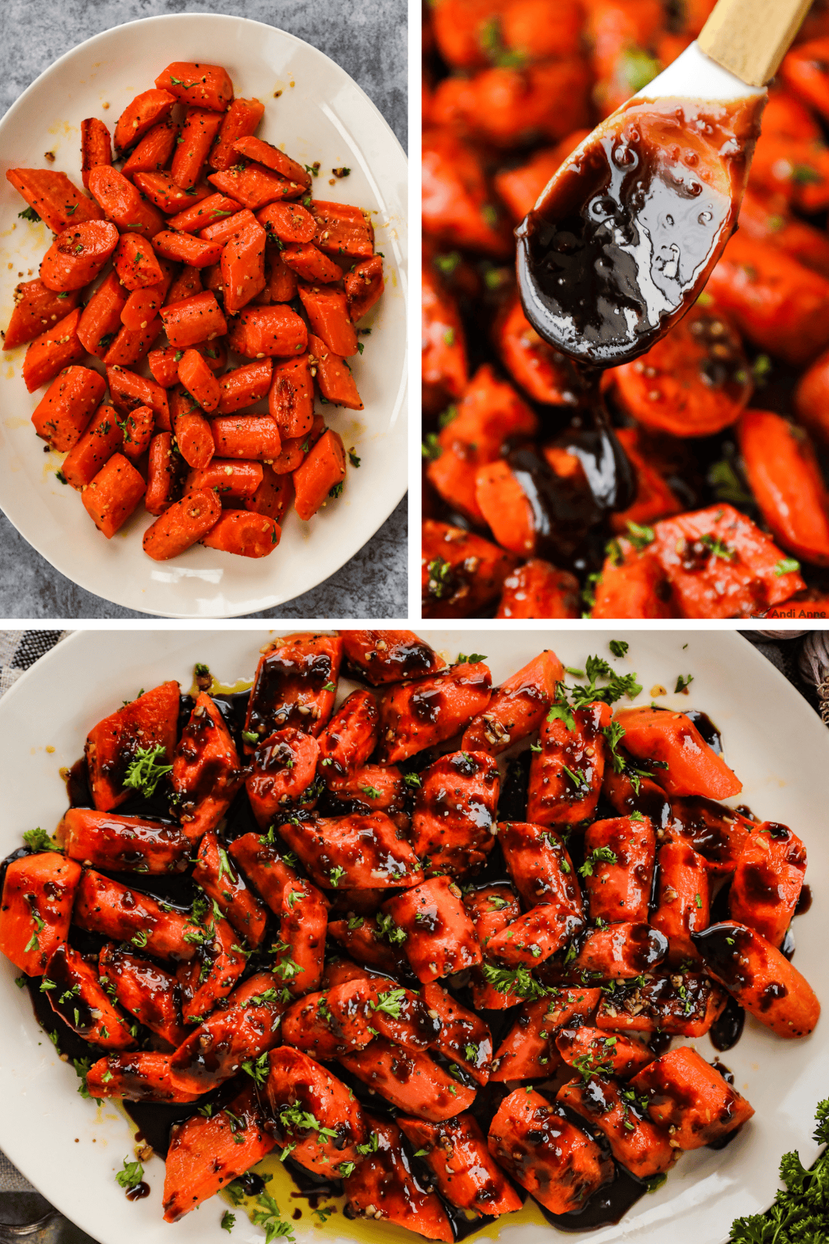 The roasted carrots are in a serving dish, and then the honey balsamic glaze is drizzled over top.