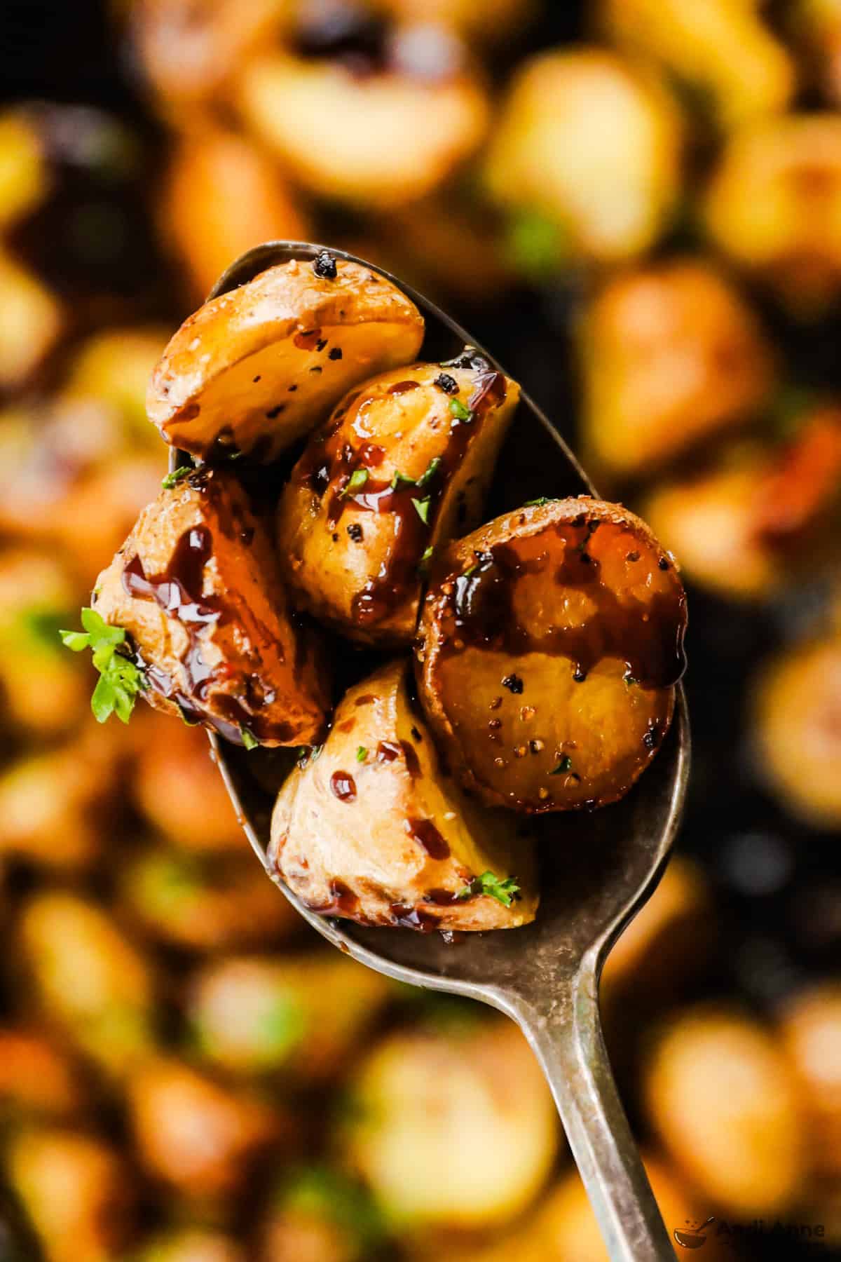 A spoon holding five pieces of roasted baby potatoes with honey balsamic sauce.