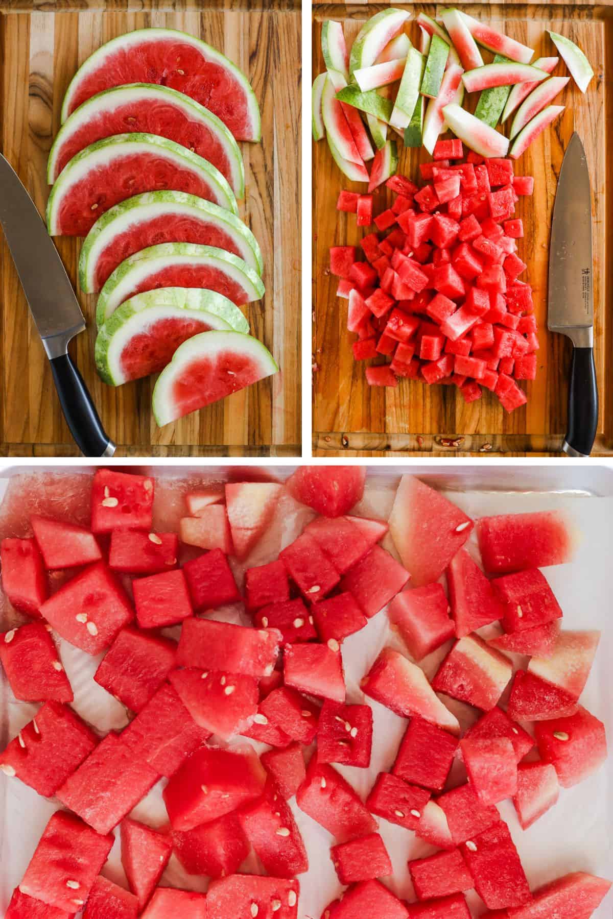 Watermelon is sliced and then cubed on a cutting board with a knife, and then the watermelon cubes are frozen.
