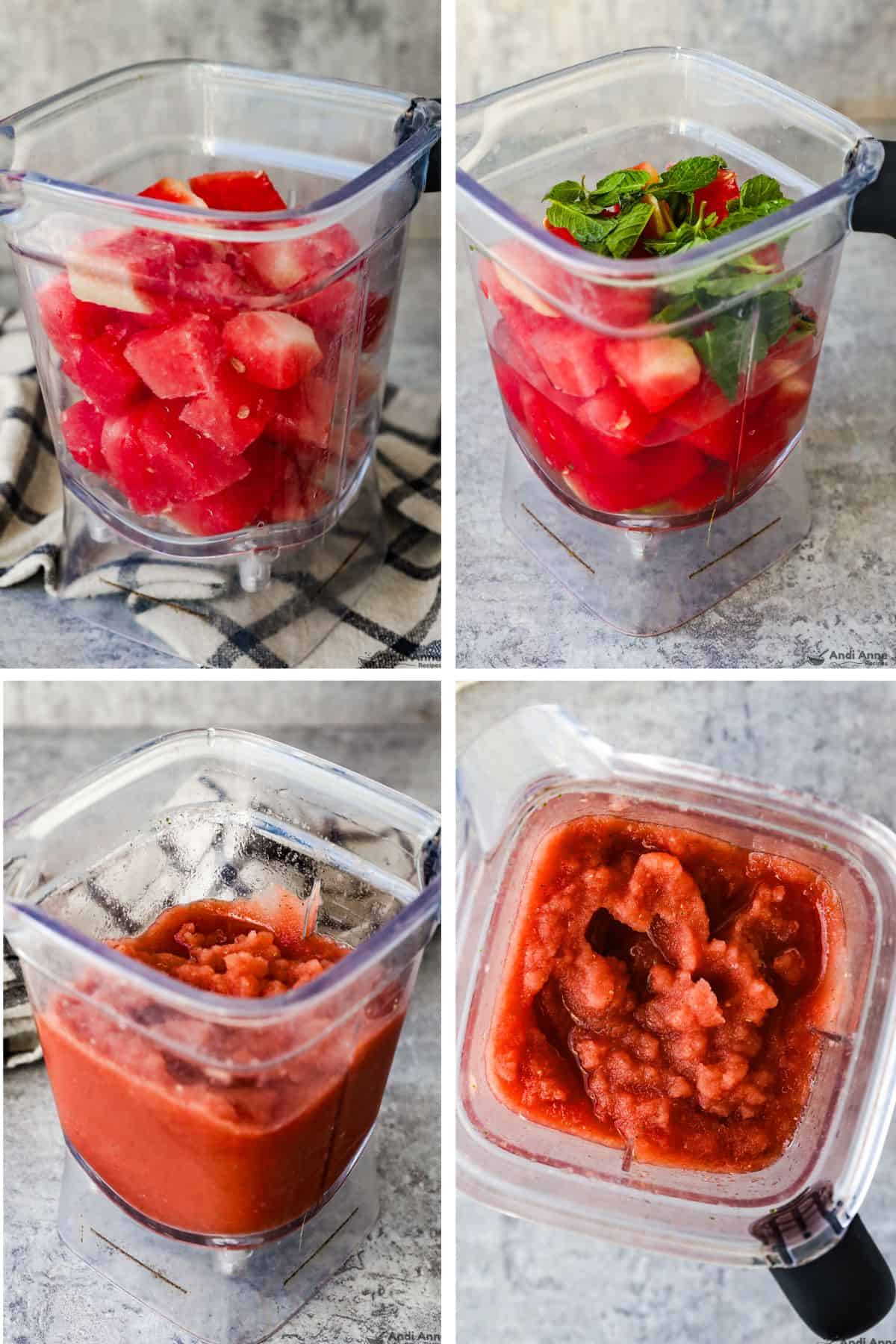 Four collage images one with watermelon cubes in a blender, then water and mint are added to the watermelon, then the watermelon slushie, and an over-the-top image of watermelon slushie in the blender.