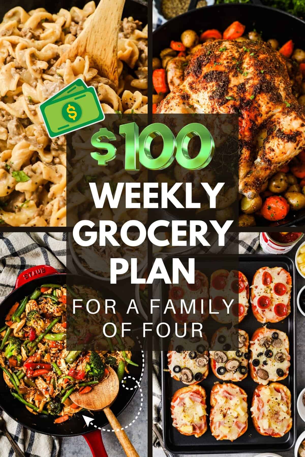 Image of recipes and title: $100 weekly grocery plan for a family of four