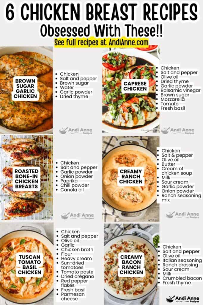 Six delicious chicken dinner ideas with ingredients listed beside each one