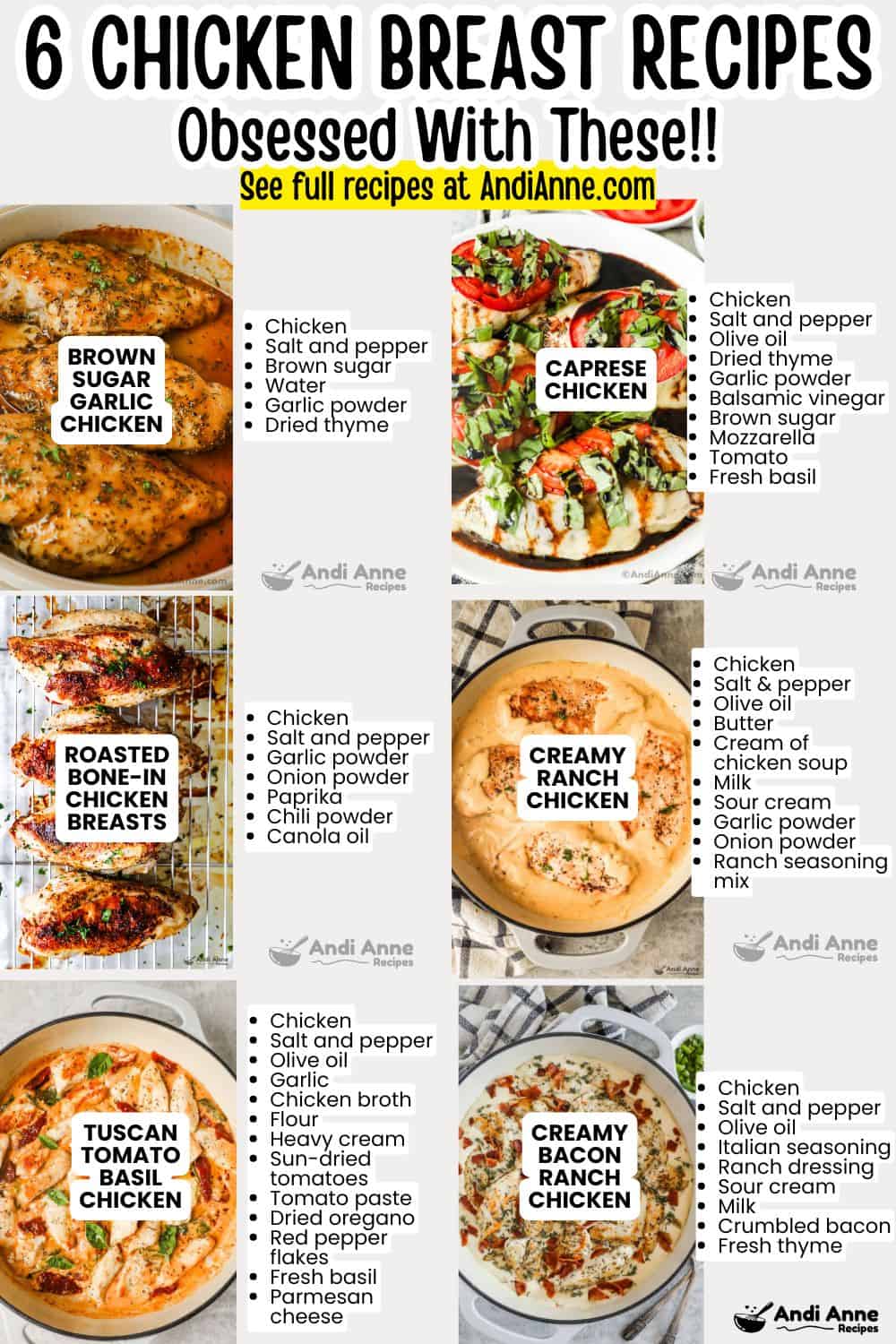 Six delicious chicken dinner ideas with ingredients listed beside each one