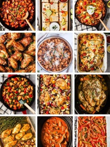 A collage of meals made in the crockpot, casseroles, skillet meals, and sheet pan meals featuring chicken.