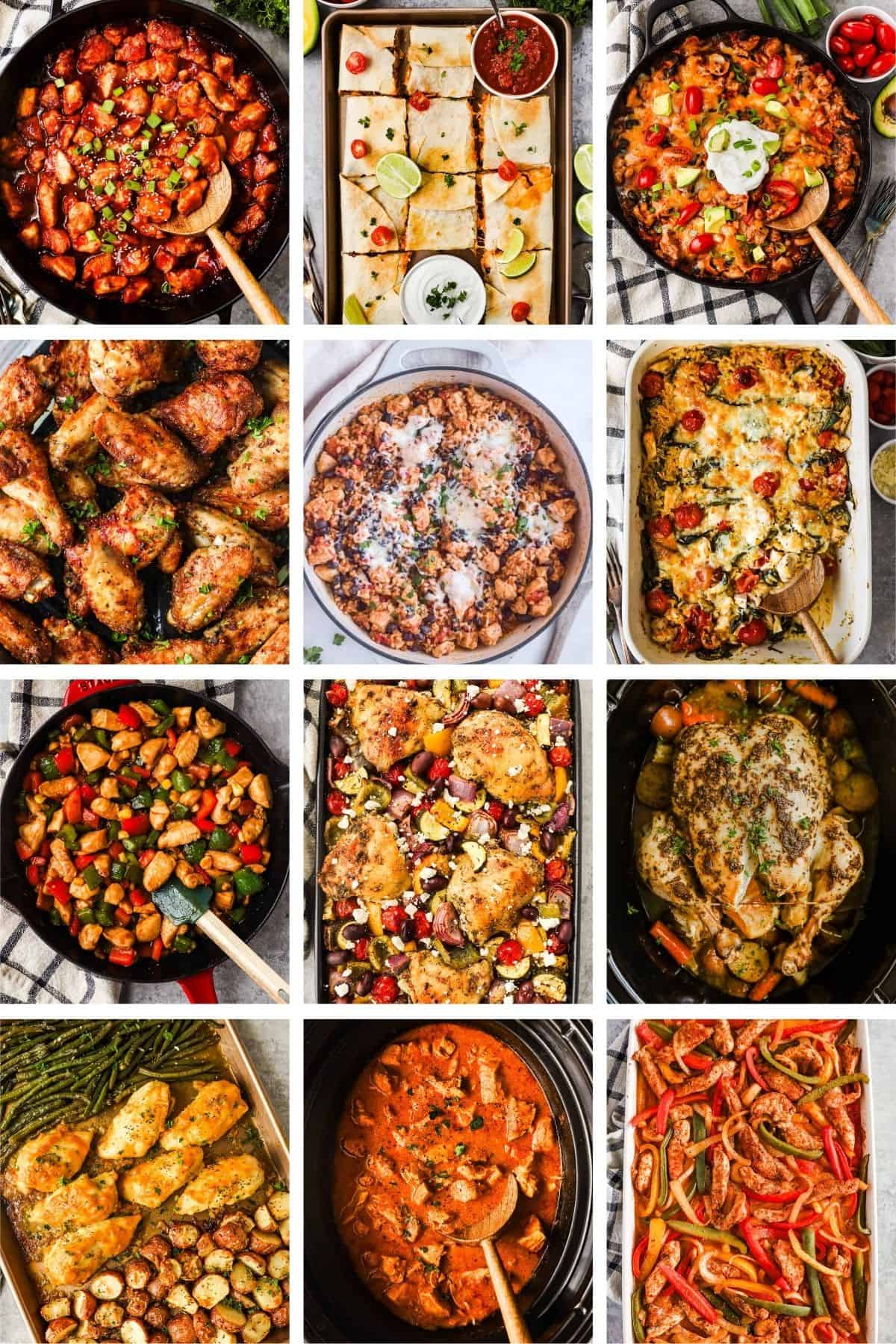 A collage of meals made in the crockpot, casseroles, skillet meals, and sheet pan meals featuring chicken.