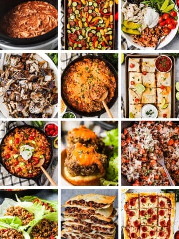 A collage of twelve easy, low effort dinner recipes that can be made on a sheet pan, in a crockpot, or in a skillet.