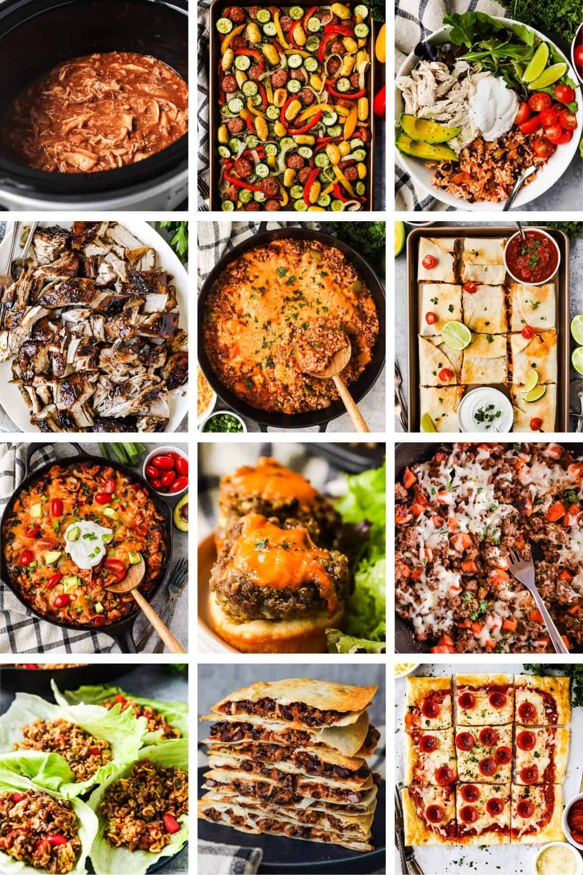 A collage of twelve easy, low effort dinner recipes that can be made on a sheet pan, in a crockpot, or in a skillet.