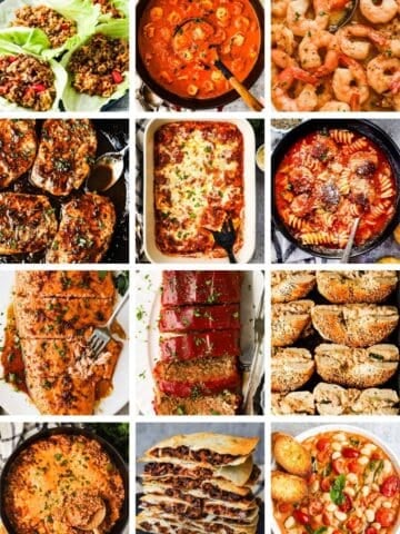 Teriyaki ramen lettuce wraps, tortellini soup, shrimp scampi, balsamic pork chops, ravioli casserole, meatball soup, soy sauce salmon, classic meatloaf, tuna bagel melts, unstuffed bell pepper, black bean tacos, and tomatoes and butter beans.