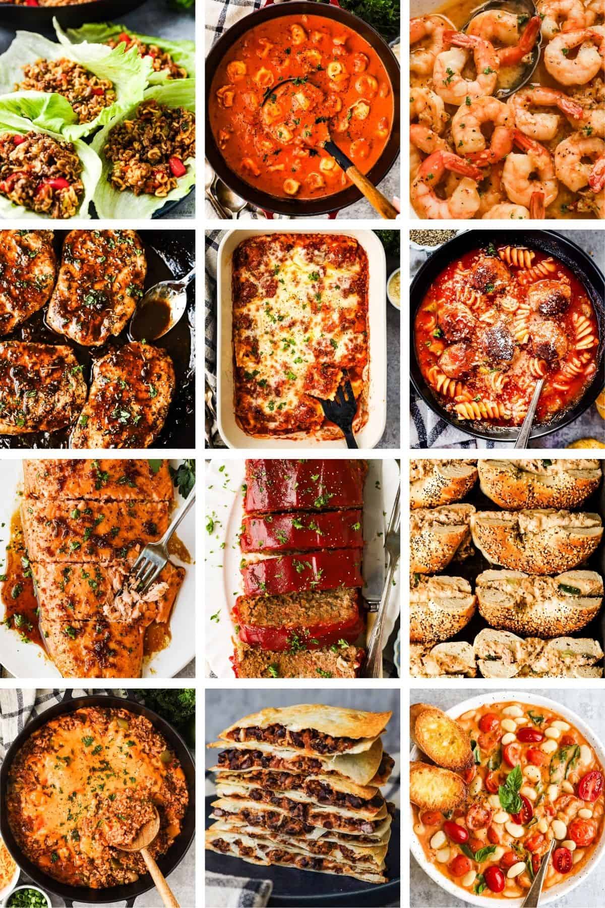 Teriyaki ramen lettuce wraps, tortellini soup, shrimp scampi, balsamic pork chops, ravioli casserole, meatball soup, soy sauce salmon, classic meatloaf, tuna bagel melts, unstuffed bell pepper, black bean tacos, and tomatoes and butter beans.