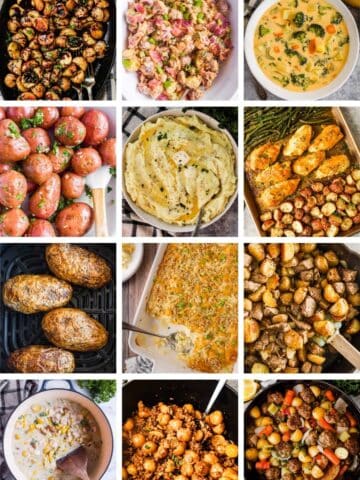 A collage of dinner and side dishes featuring potatoes, such as roasted potatoes, bacon and ranch potato salad, broccoli cheddar potato soup, mashed potatoes, cheesy beef and potato skillet, and meatball casserole.
