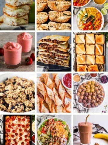 A twelve image collage of lunch ideas that include chicken and apple sandwiches, strawberry banana smoothie, black bean quesadillas, homemade granola, pizza breadsticks, and burger salad.