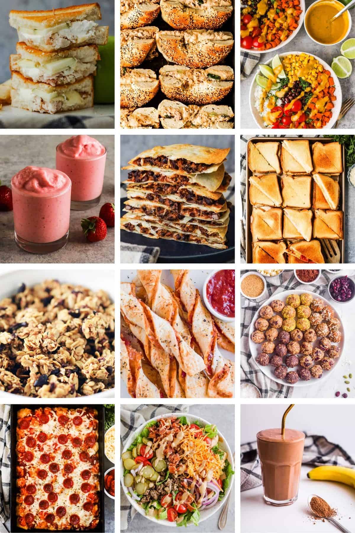 A twelve image collage of lunch ideas that include chicken and apple sandwiches, strawberry banana smoothie, black bean quesadillas, homemade granola, pizza breadsticks, and burger salad.