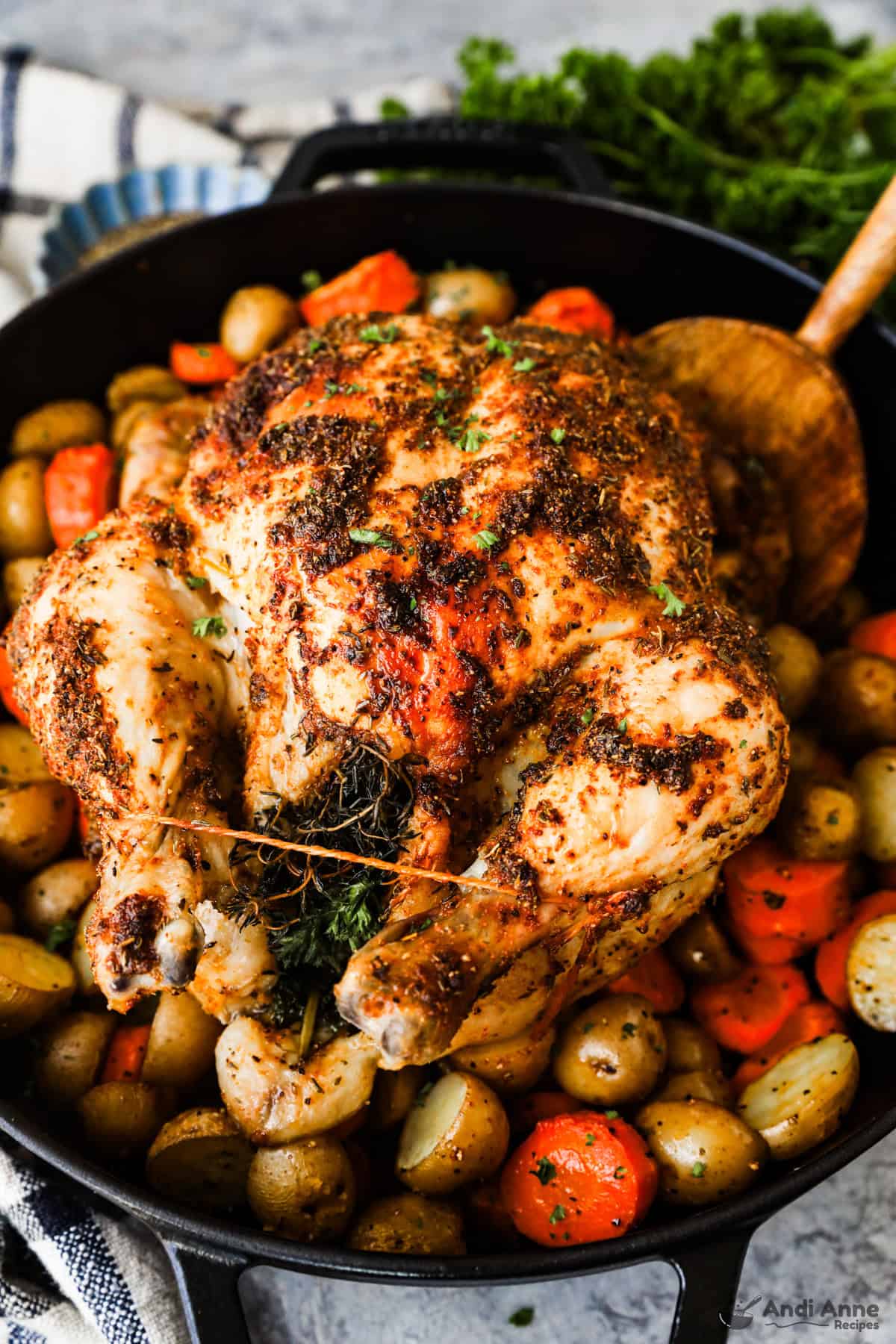 A Dutch oven with a whole roast chicken on a bed of potatoes and carrots.