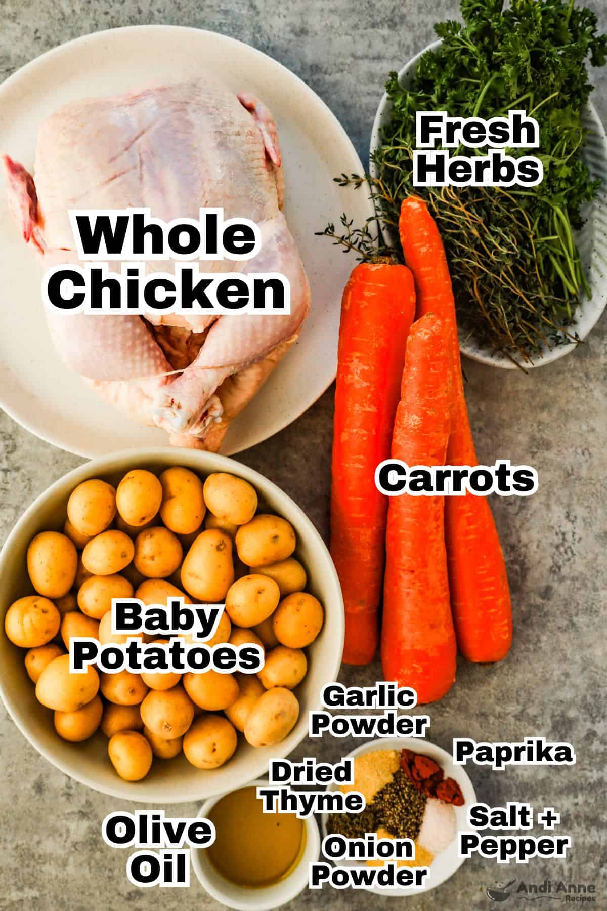 The ingredients to make a whole roast chicken are in individual bowls.