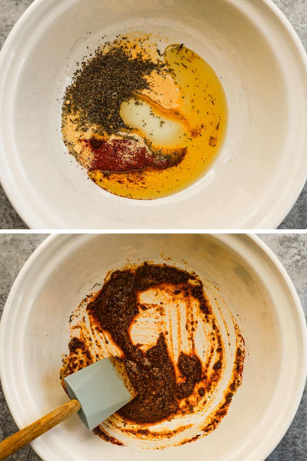 The chicken seasonings and olive oil are in a small bowl, and then mixed to create a paste.