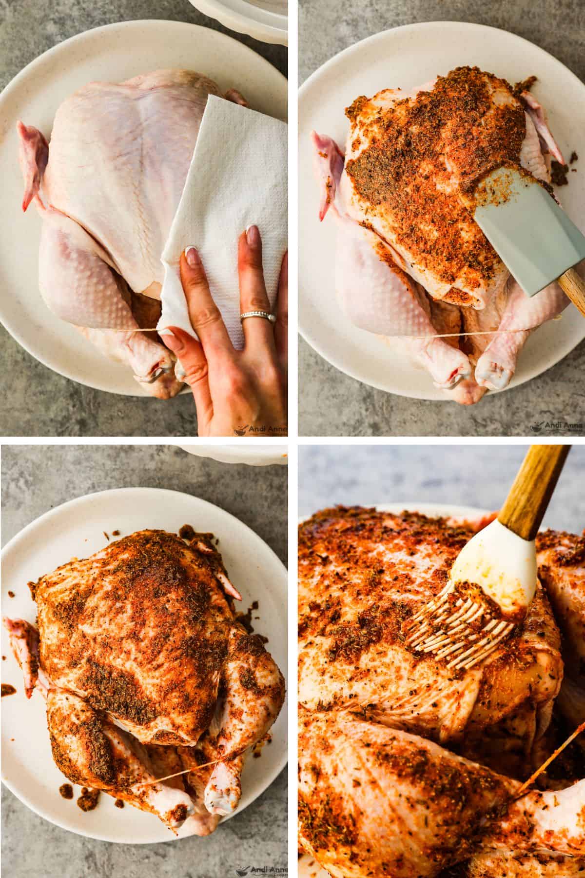The chicken is pat dry with a paper towel, then the seasoning mixture is rubbed all over the chicken with a spatula.