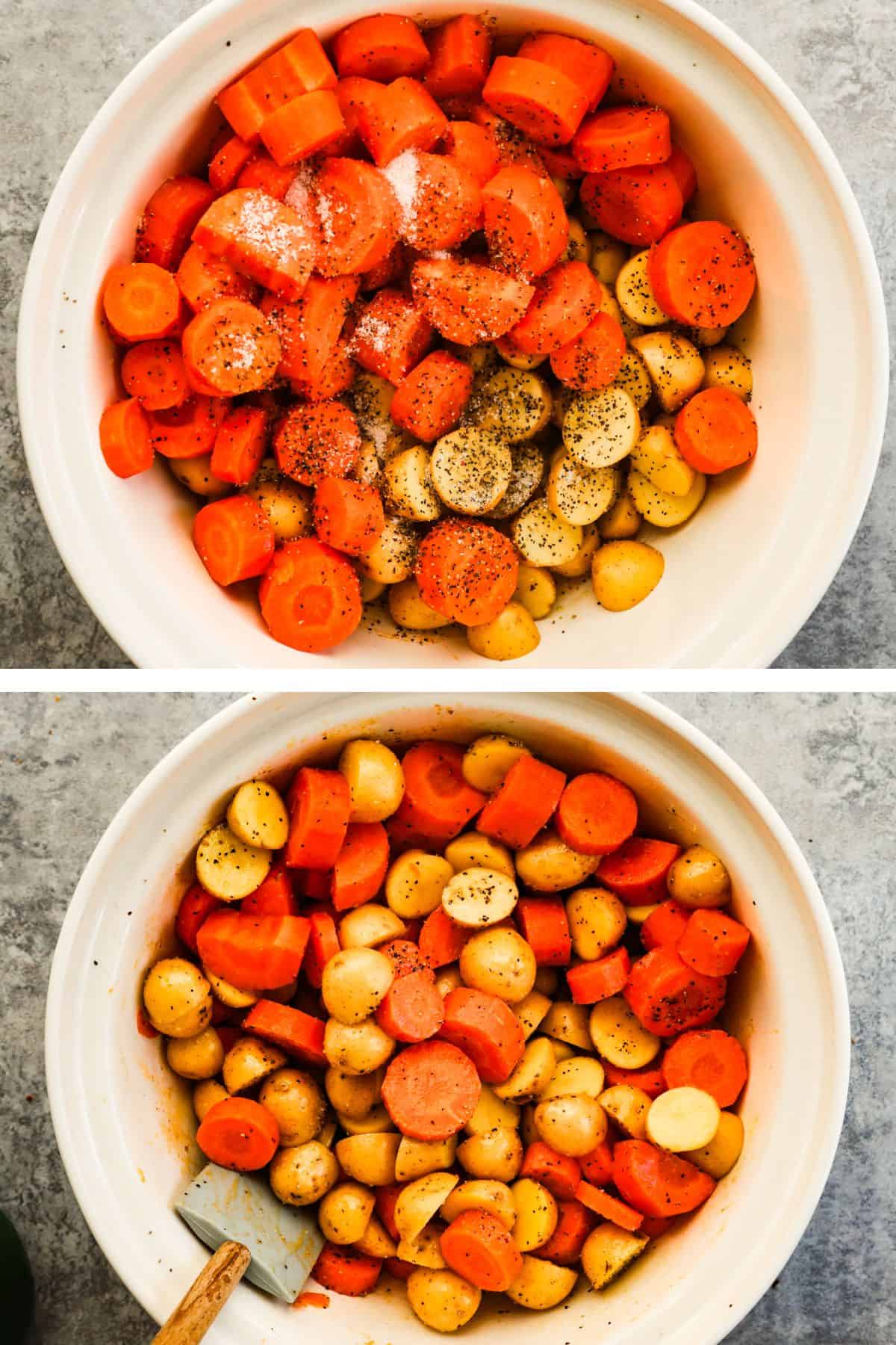 The halved baby potatoes and carrot pieces are added to a bowl and seasoned with olive oil, salt, and pepper.