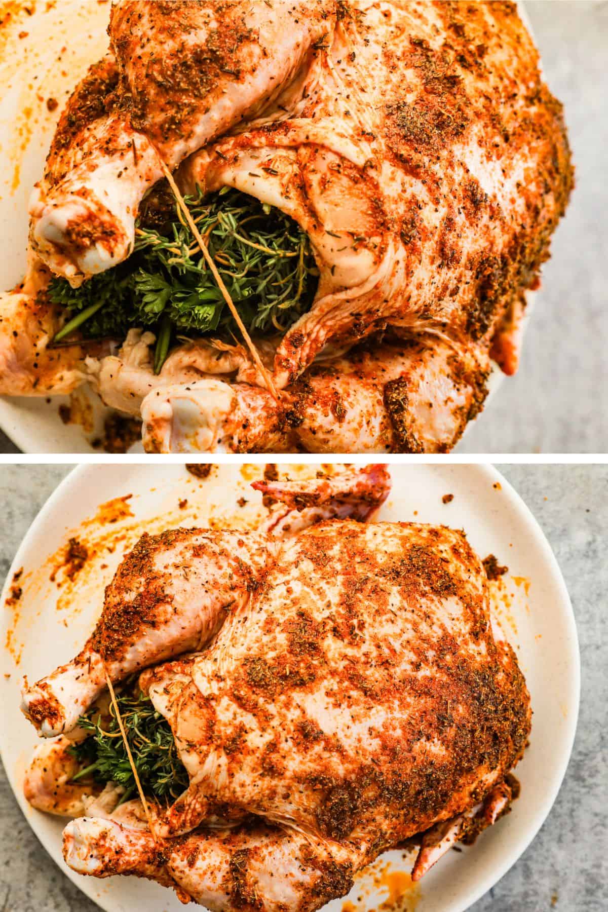 The chicken cavity is stuffed with fresh parsley and thyme, then the legs are tied together.