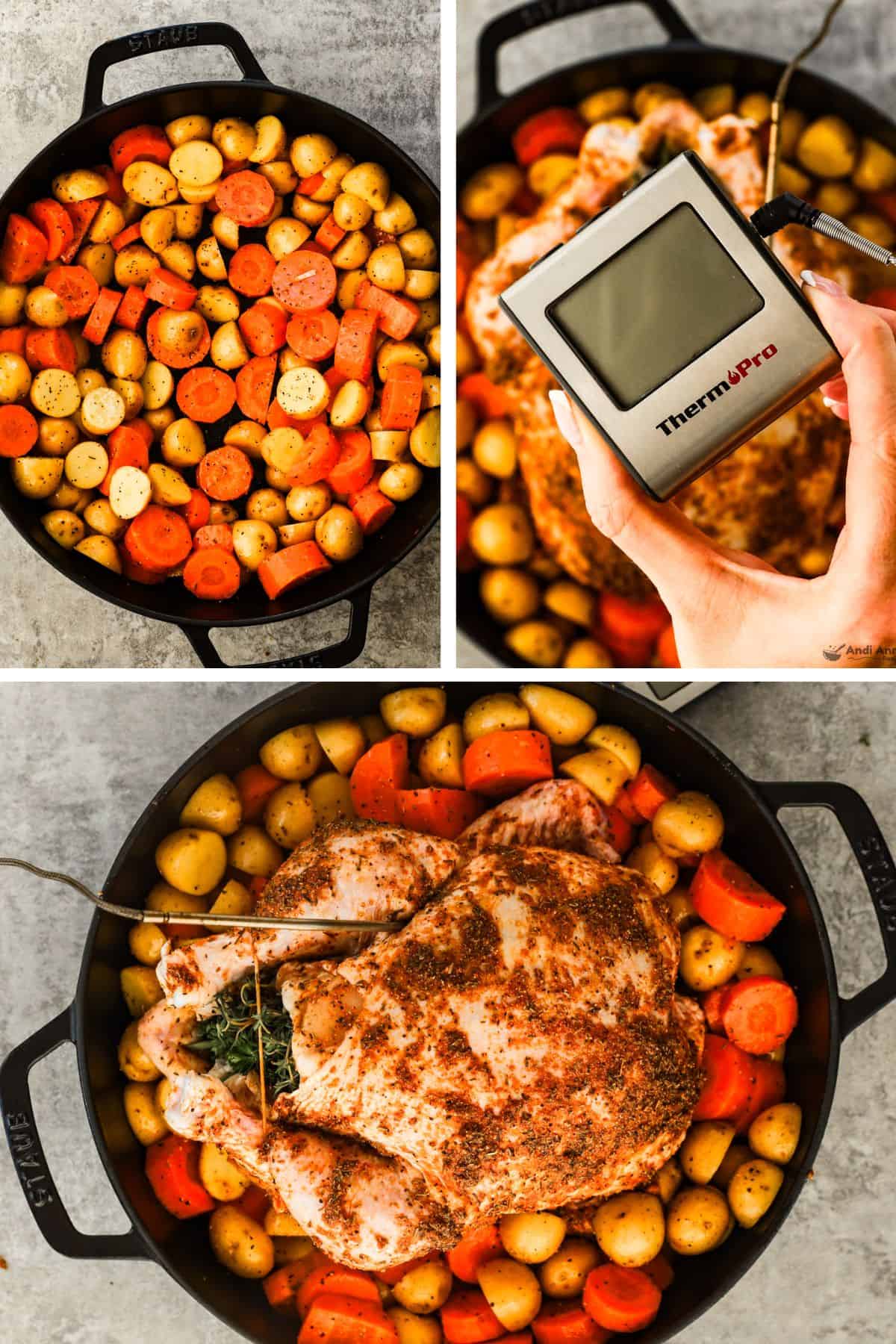 A bed of carrots and baby potatoes in a Dutch oven, then a meat thermometer is placed into the thickest part of the thigh.