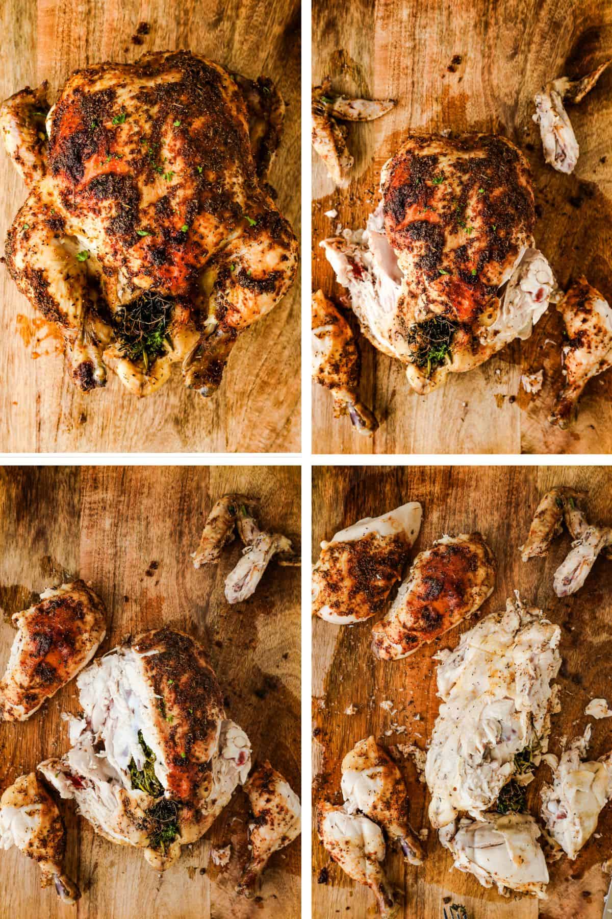 A roasted chicken being carved on a cutting board with the legs and wings removed first, then the breast is sliced, and the thighs and drumsticks are separated.