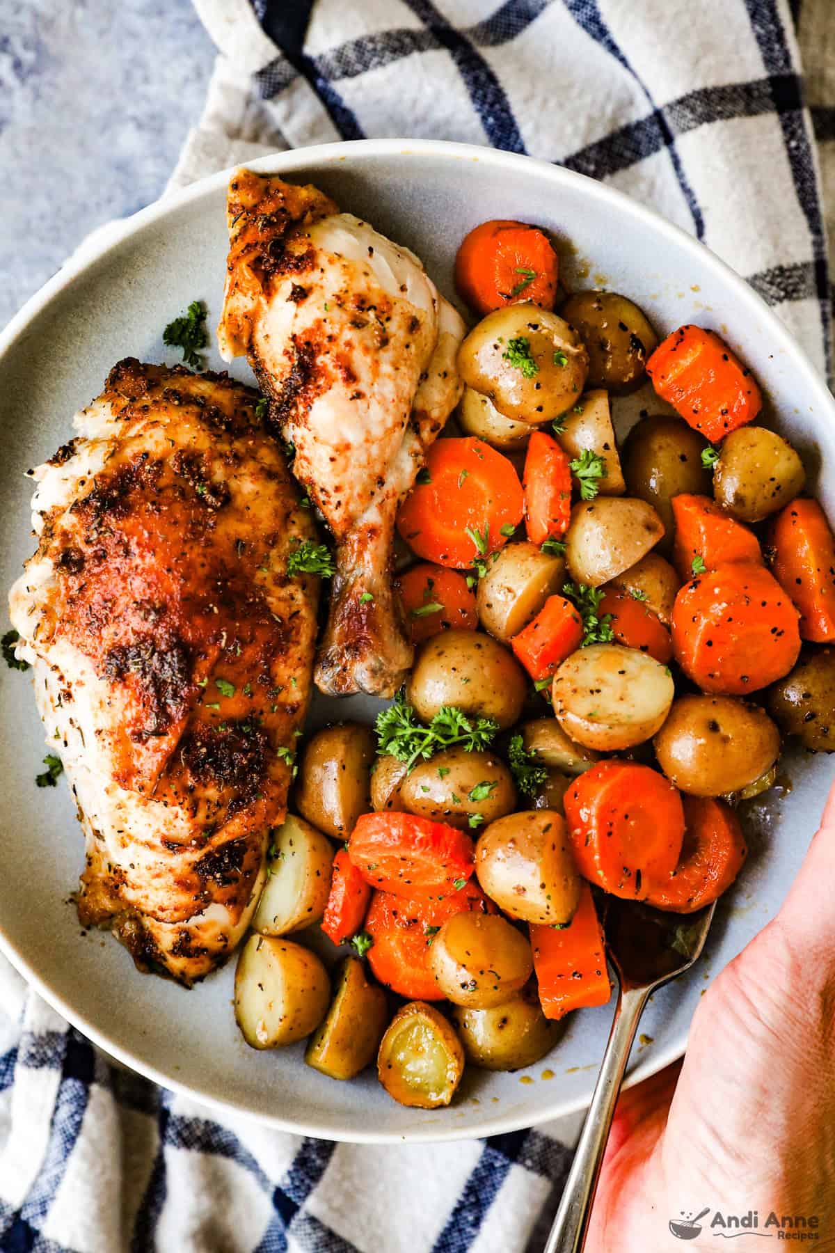 The breast and leg of roasted chicken on a plate with carrots and potatoes.