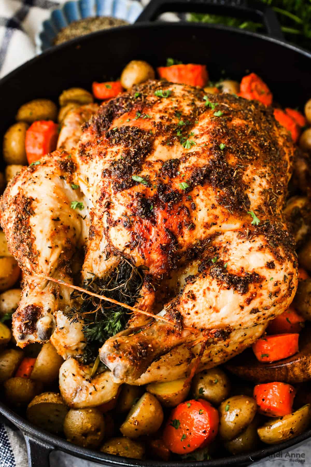 A whole roasted chicken on a bed of baby potatoes and carrot pieces in a Dutch oven.