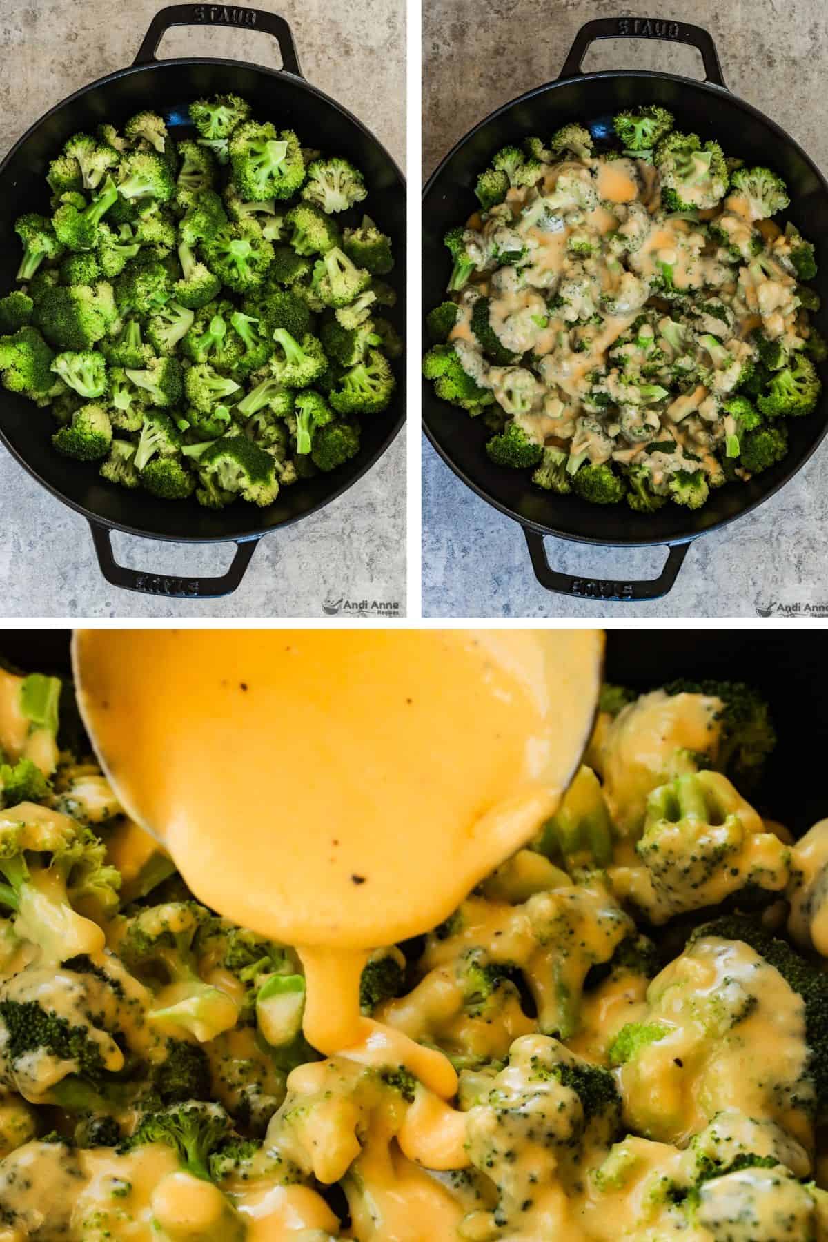 broccoli in black pot with cheese sauce poured on top